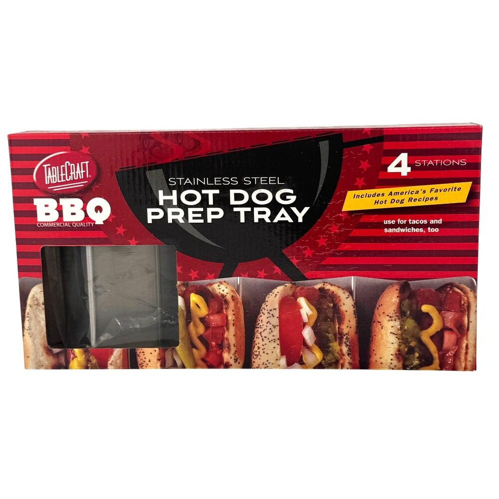 TableCraft BBQ Stainless Steel Hot Dog Tacos Prep Tray 4 Stations Multi-Use
